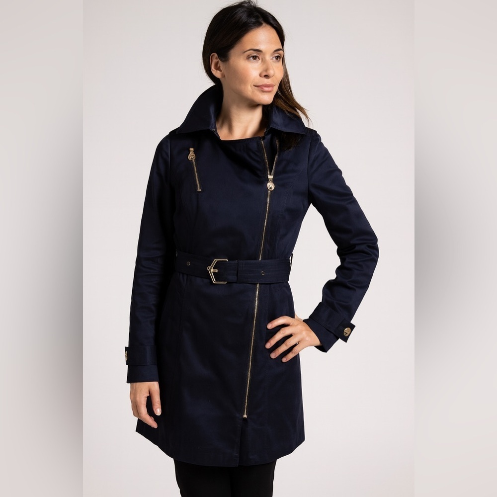 Michael Michael Kors Classic Belted Navy Mid Length Trench Coat Logo Zip Sz. S